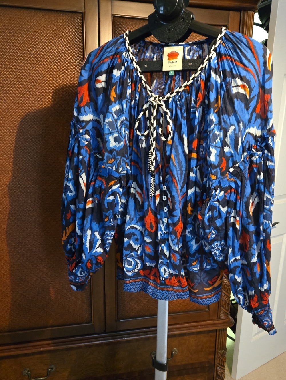 FARM Rio Blue Floral Print Tie-Neck Tunic with Orange Accents